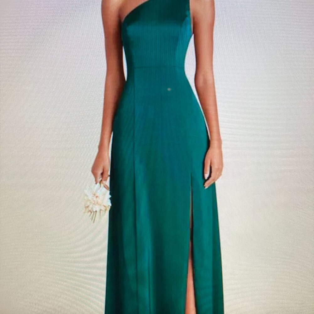 One Shoulder Emerald Green Satin-Like Dress by Birdy Grey Women Size M